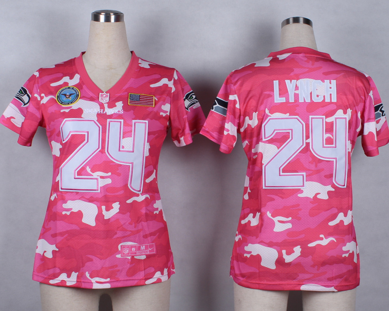 Nike Seahawks 24 Lynch Pink Camo With USA Flag Patch Women Jerseys