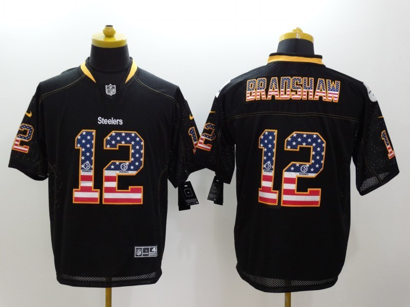 Nike Steelers 12 Bradshaw US Flag Fashion Black Elite Jerseys