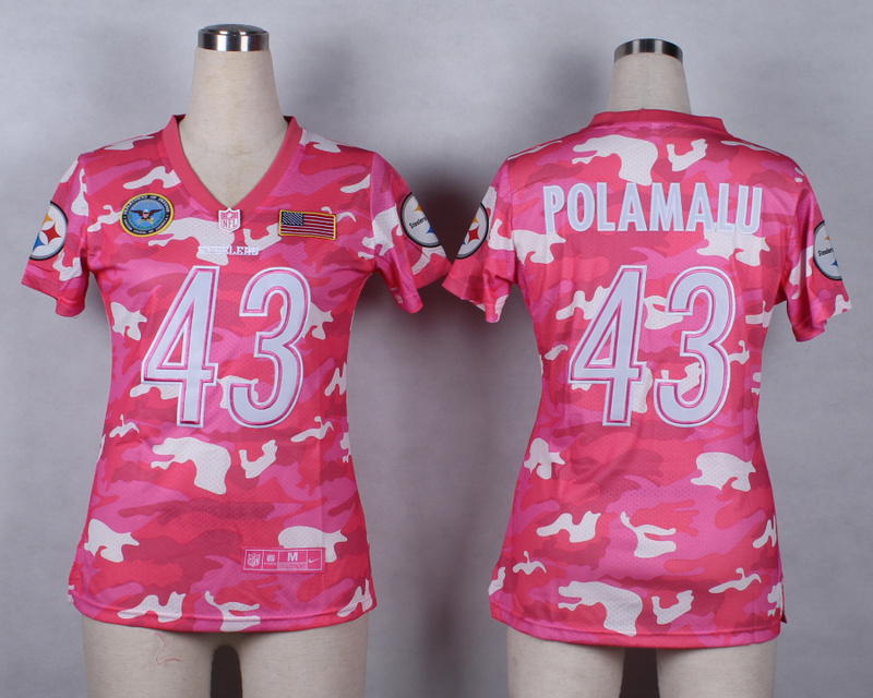Nike Steelers 43 Polamalu Pink Camo With USA Flag Patch Women Jerseys