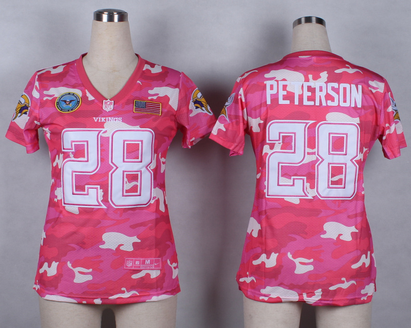 Nike Vikings 28 Peterson Pink Camo With USA Flag Patch Women Jerseys