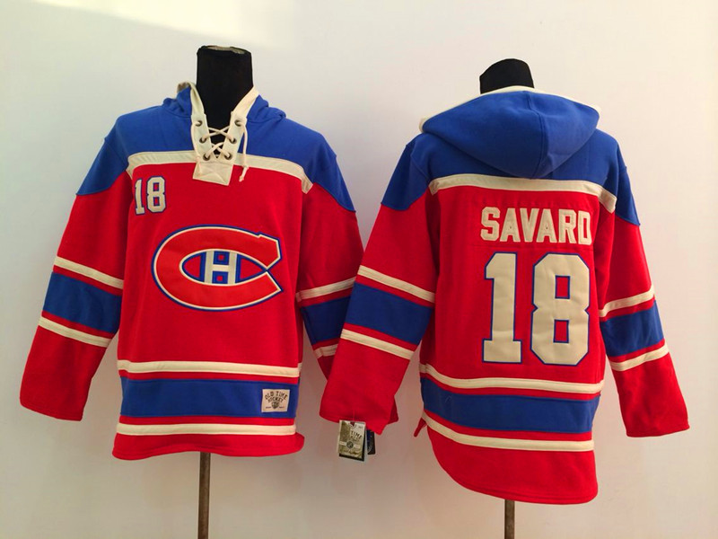 Canadiens 18 Serge Savard Red All Stitched Hooded Sweatshirt