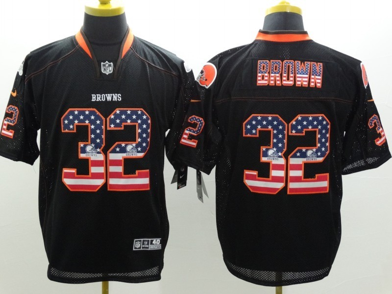 Nike Browns 32 Brown USA Flag Fashion Black Elite Jerseys