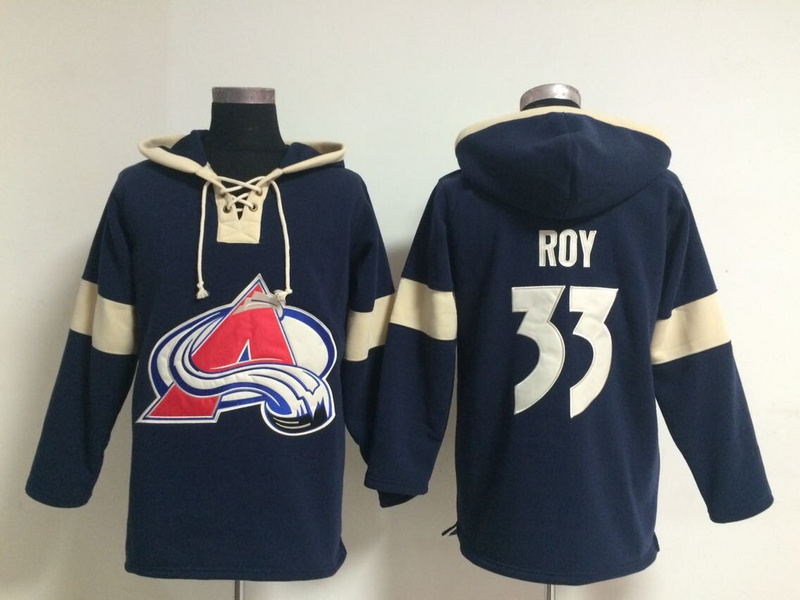 Avalanche 33 Patrick Roy Navy Blue All Stitched Hooded Sweatshirt - Click Image to Close