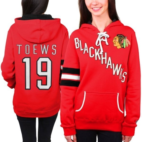 Blackhawks 19 Toews Red Women Pullover Hoodie - Click Image to Close
