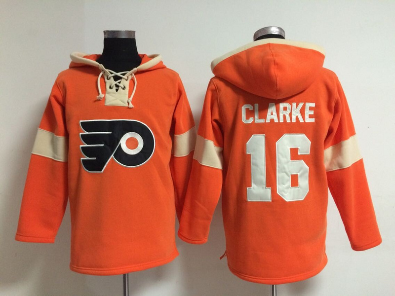 Flyers 16 Bobby Clarke Orange All Stitched Hooded Sweatshirt