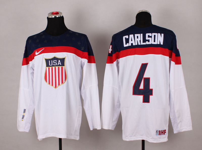 USA 4 Carlson White 2014 Olympics Jerseys - Click Image to Close