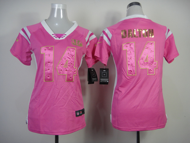 Nike Bengals 14 Dalton Pink Sequin Lettering Women Jerseys