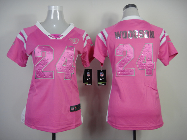 Nike Raiders 24 Woodson Pink Sequin Lettering Women Jerseys