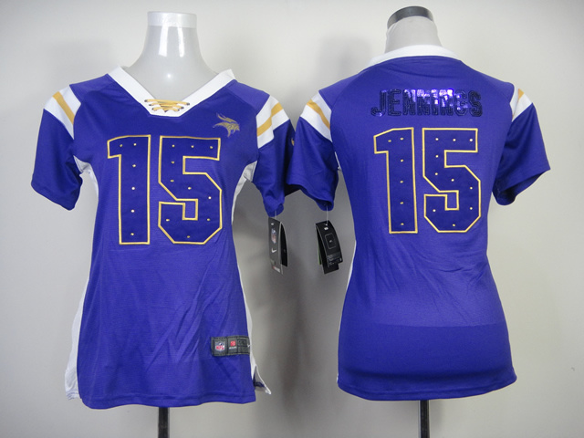 Nike Vikings 15 Jennings Purple Sequin Lettering Women Jerseys