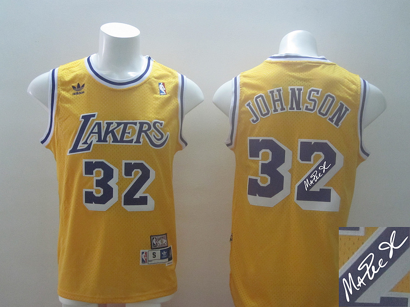Lakers 32 Johnson Gold Hardwood Classics Signature Edition Jerseys