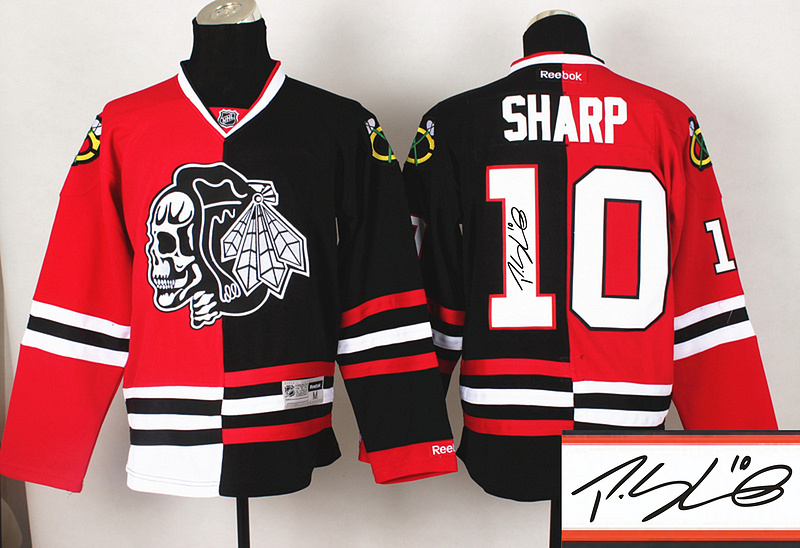 Blackhawks 10 Sharp Red&Black Split Black Skulls Signature Edition Jerseys
