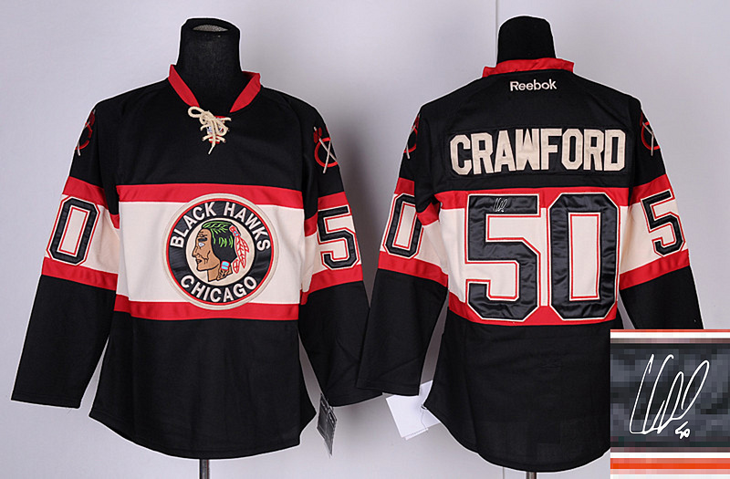Blackhawks 50 Crawford Black 3rd Signature Edition Jerseys