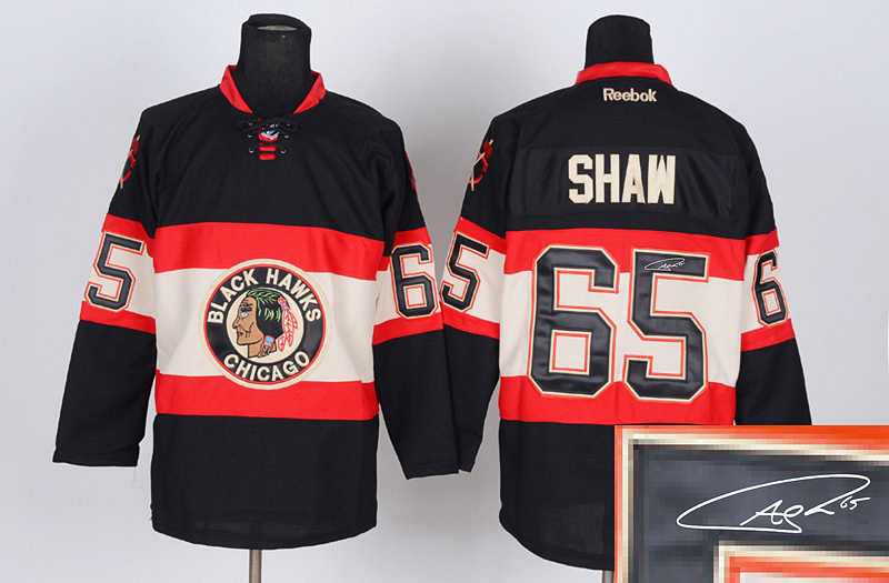 Blackhawks 65 Shaw Black Third Signature Edition Jerseys