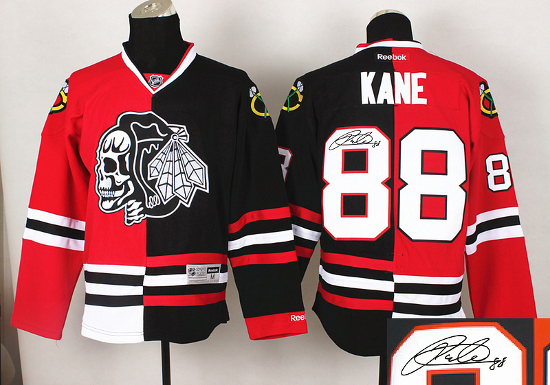 Blackhawks 88 Kane Red&Black Split Black Skulls Signature Edition Jerseys
