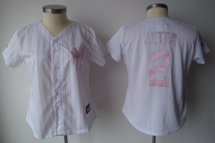 Yankees 2 Jeter White Pink Stripe Women Jersey