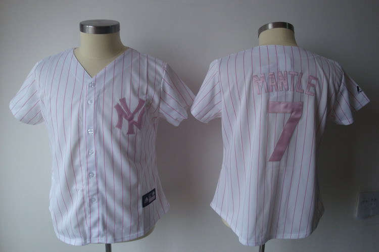 Yankees 7 Mantle White Pink Stripe Women Jersey