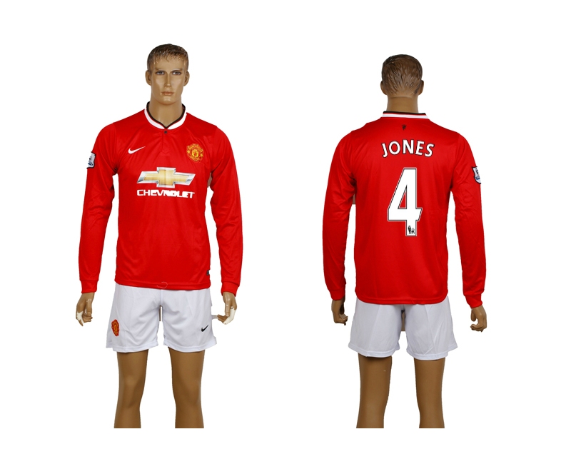 2014-15 Manchester United 4 Jones Home Long Sleeve Soccer Jerseys