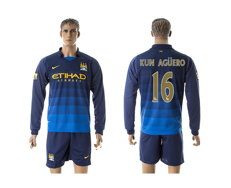 2014-15 Manchester City 16 Kun Aguero Away Long Sleeve Jerseys