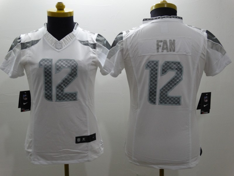 Nike Seahawks 12 Fan White Platinum Women Limited Jerseys