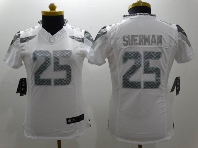 Nike Seahawks 25 Sherman White Platinum Women Limited Jerseys