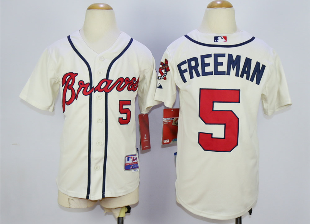 Braves 5 Freddie Freeman Cream Youth Cool Base Jersey - Click Image to Close