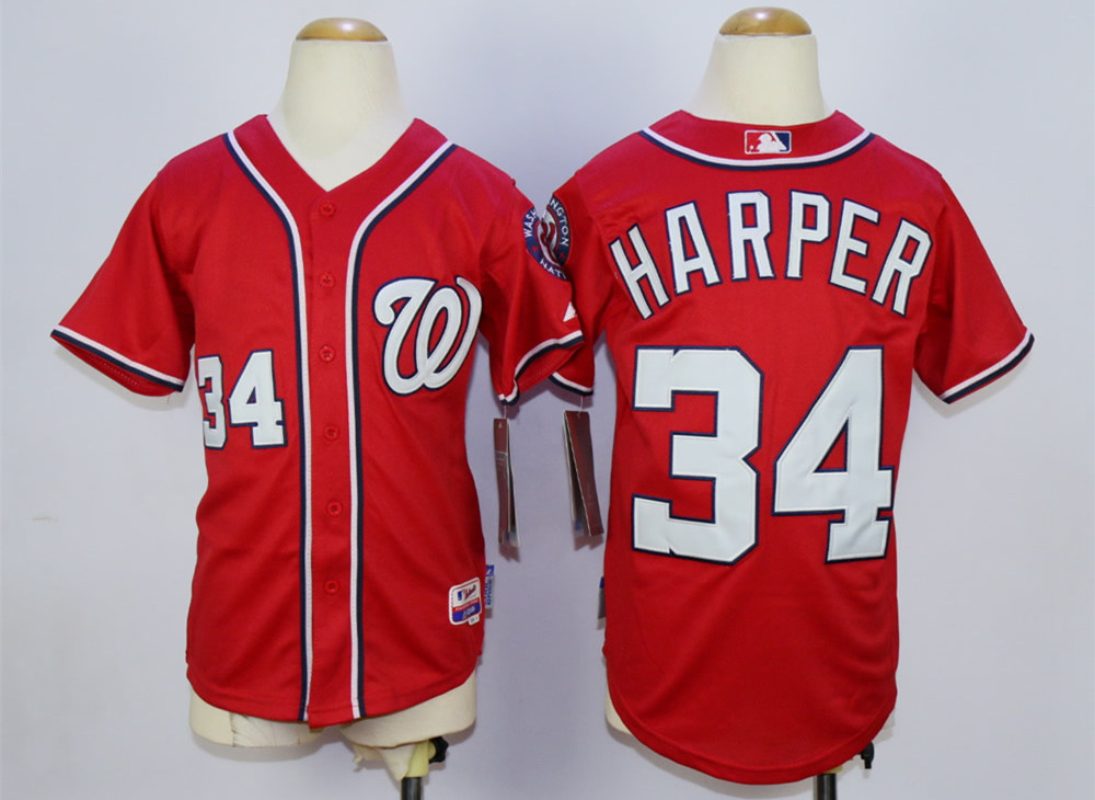Nationals 34 Bryce Harper Red Youth Cool Base Jersey - Click Image to Close