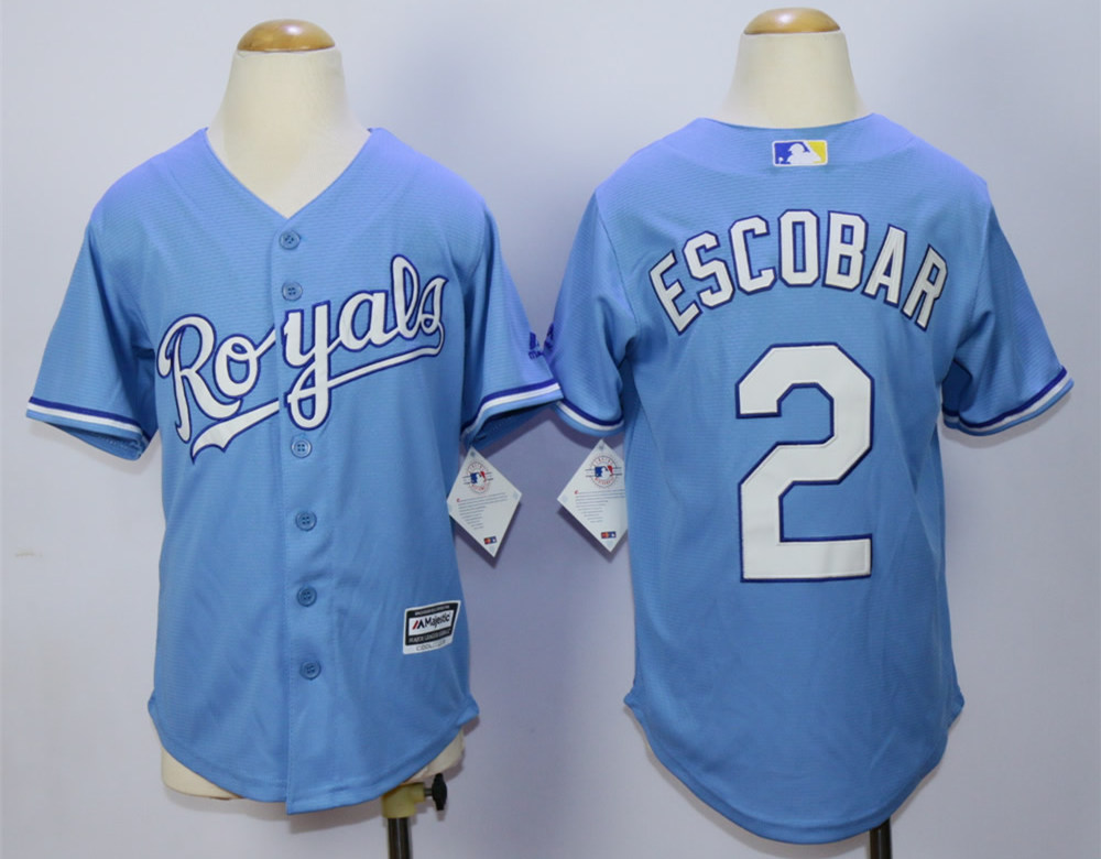 Royals 2 Alcides Escobar Light Blue Youth New Cool Base Jersey - Click Image to Close