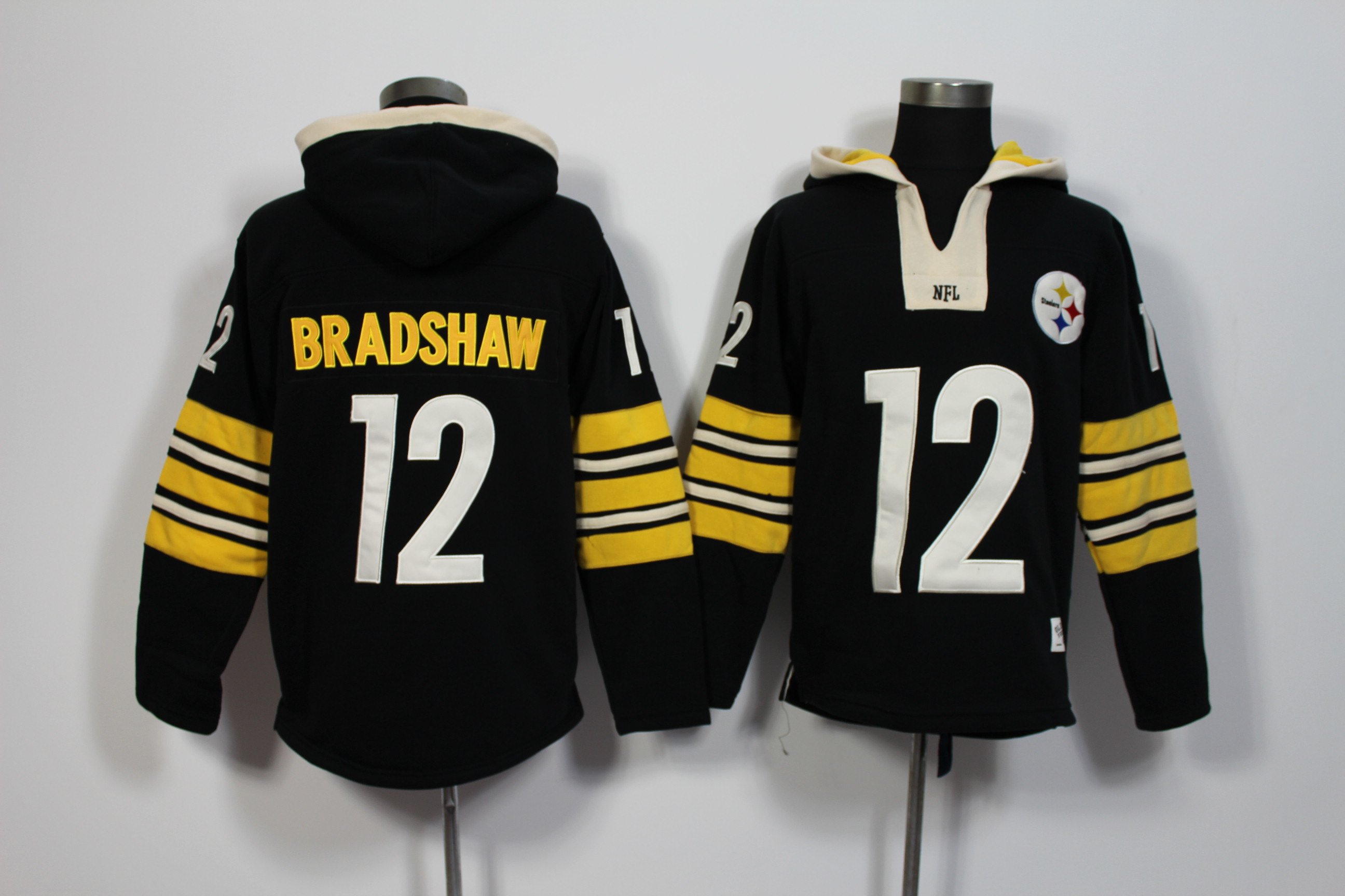 Nike Steelers 12 Terry Bradshaw Black Throwback All Stitched Hooded Sweatshirt