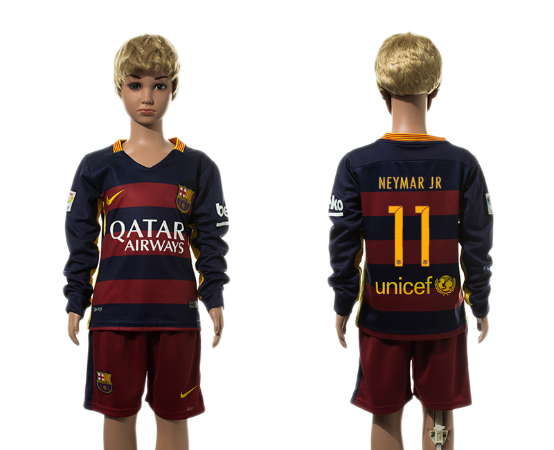 2015-16 Barcelona 11 NEYMAR JR Home Youth Long Sleeve Jersey