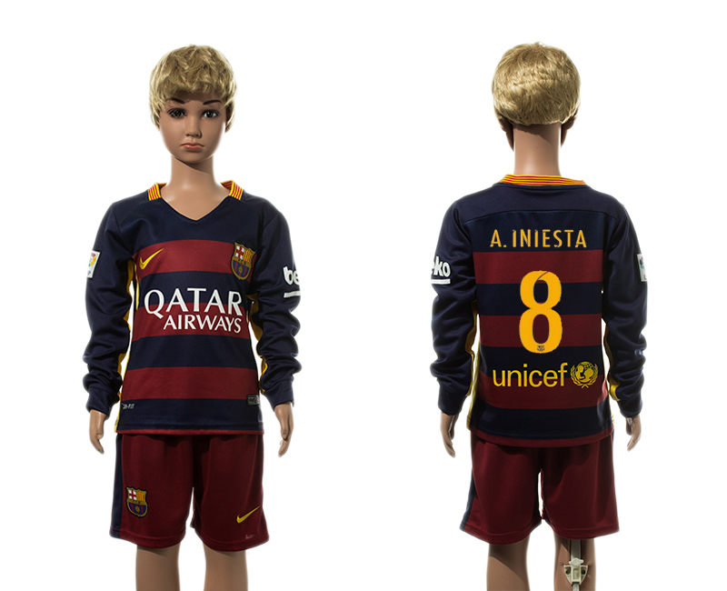 2015-16 Barcelona 8 A.INIESTA Home Youth Long Sleeve Jersey