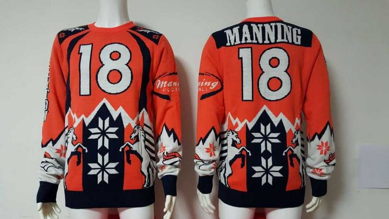 Broncos 18 Peyton Manning Orange Men's Ugly Sweater
