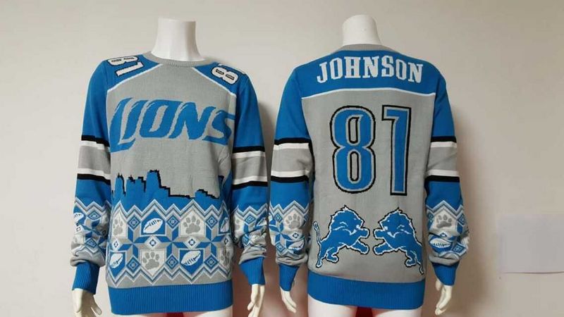 Lions 81 Calvins Johnson Blue Men's Ugly Sweater