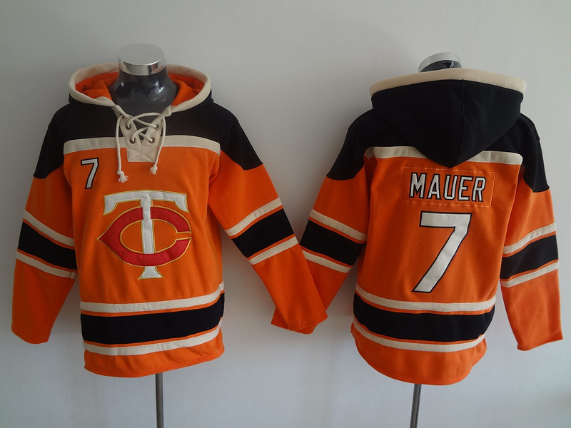 Twins 7 Joe Mauer Orange All Stitched Hooded Sweatshirt