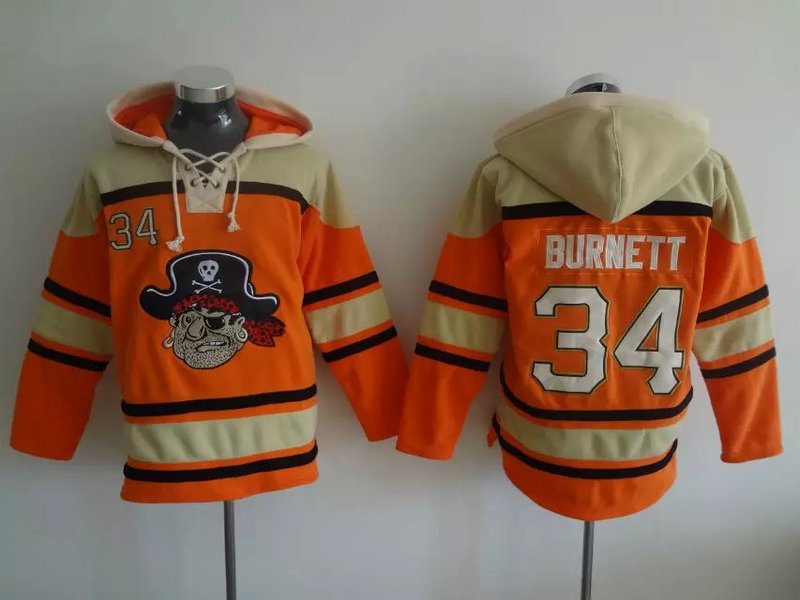 Pirates 34 A.J. Burnett Orange All Stitched Hooded Sweatshirt