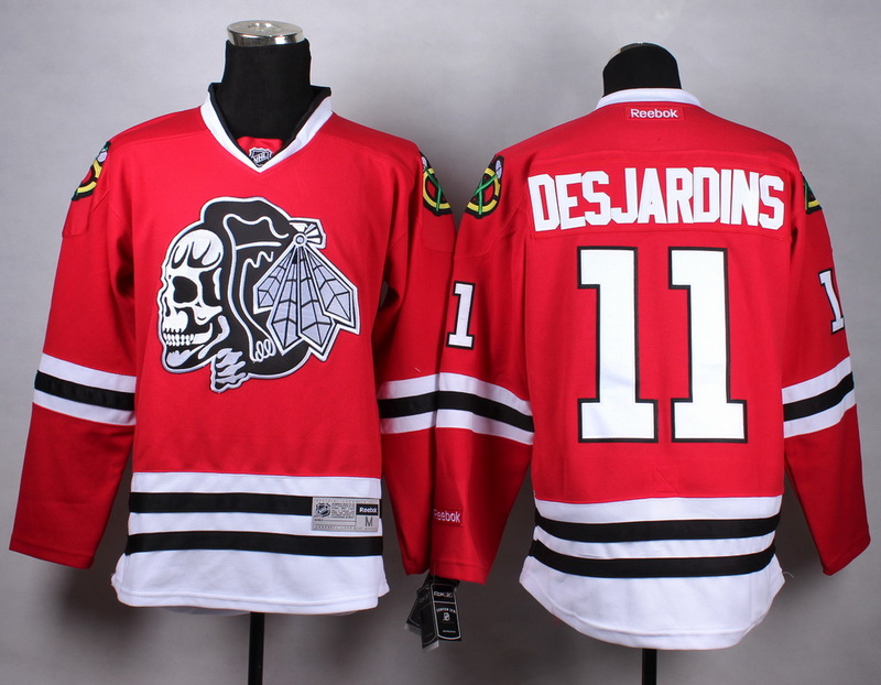 Blackhawks 11 Desjardins Red With White Skull Jersey - Click Image to Close
