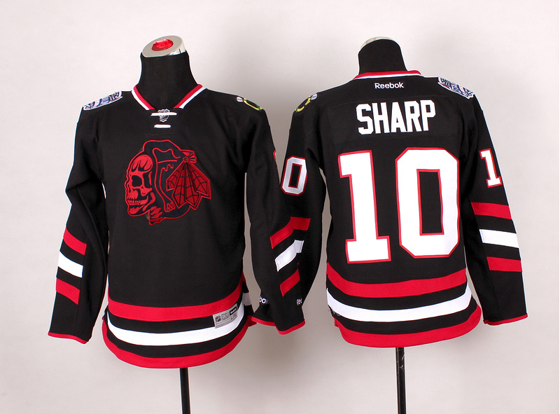 Blackhawks 10 Sharp Black Youth Jersey(With Red Skull) - Click Image to Close