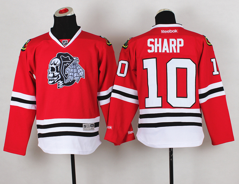 Blackhawks 10 Sharp Red Youth Jersey(With White Skull)