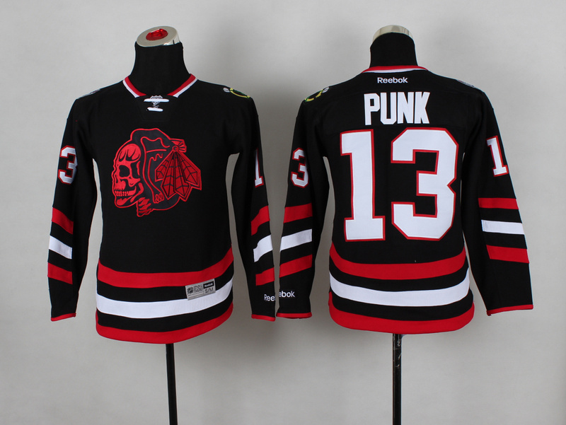 Blackhawks 13 Punk Black Youth Jersey(With Red Skull)
