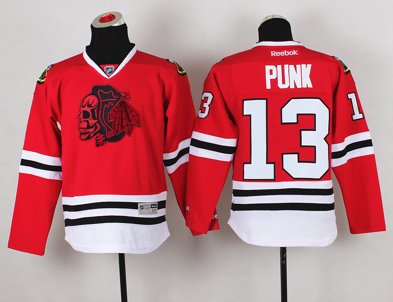 Blackhawks 13 Punk Red Youth Jersey(With Red Skull)