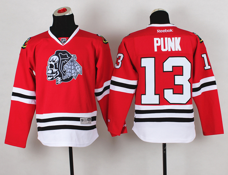 Blackhawks 13 Punk Red Youth Jersey(With White Skull)