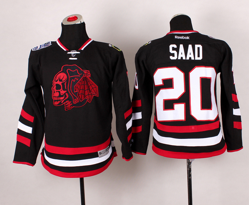 Blackhawks 20 Saad Black Youth Jersey(With Red Skull)