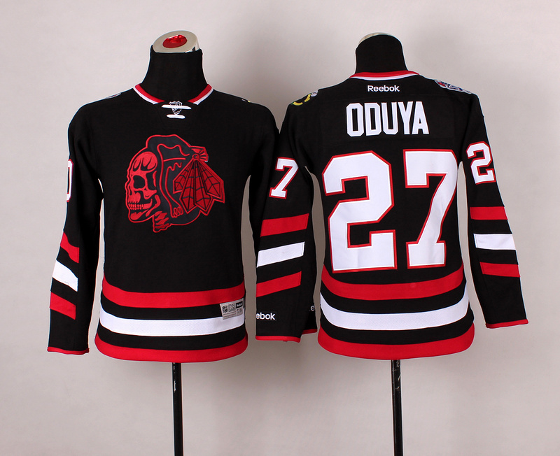Blackhawks 27 Oduya Black Youth Jersey(With Red Skull)