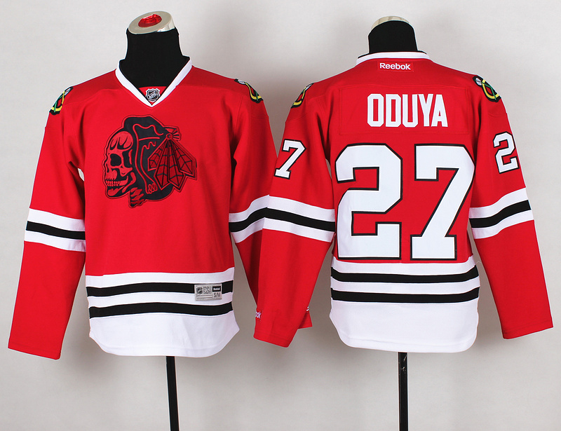 Blackhawks 27 Oduya Red Youth Jersey(With Red Skull)