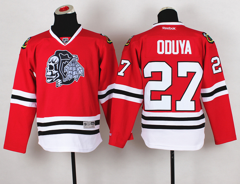 Blackhawks 27 Oduya Red Youth Jersey(With White Skull)