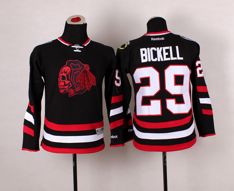Blackhawks 29 Bickell Black Youth Jersey(With Red Skull)