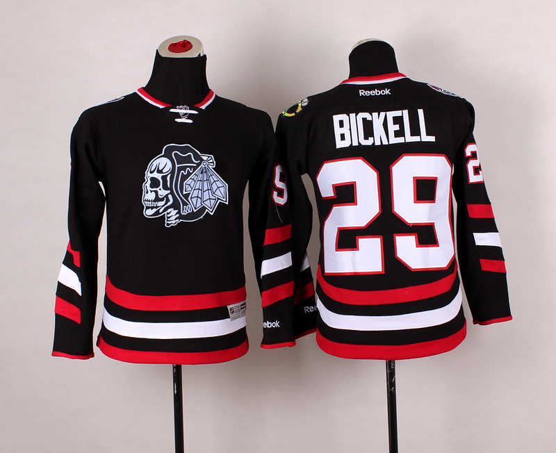 Blackhawks 29 Bickell Black Youth Jersey(With White Skull)