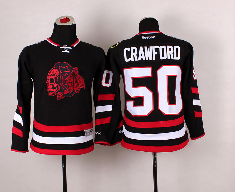 Blackhawks 50 Crawford Black Youth Jersey(With Red Skull)