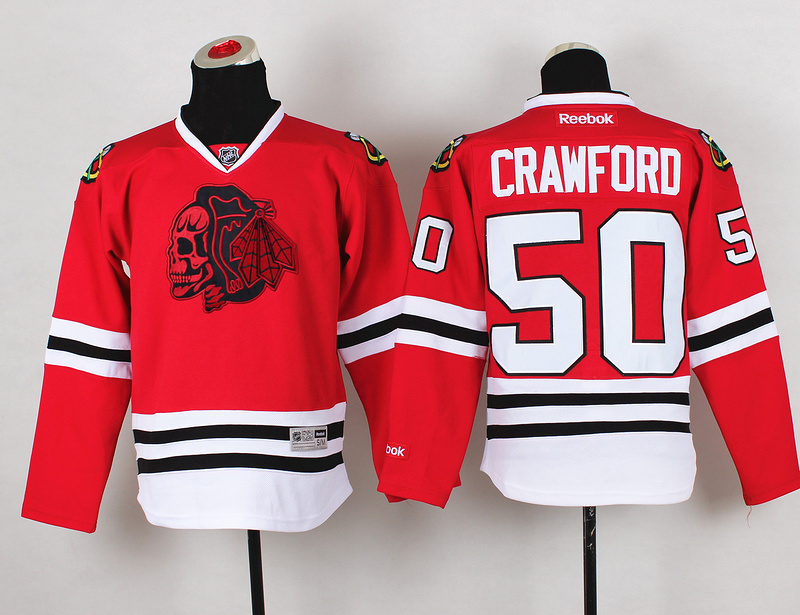 Blackhawks 50 Crawford Red Youth Jersey(With Red Skull)