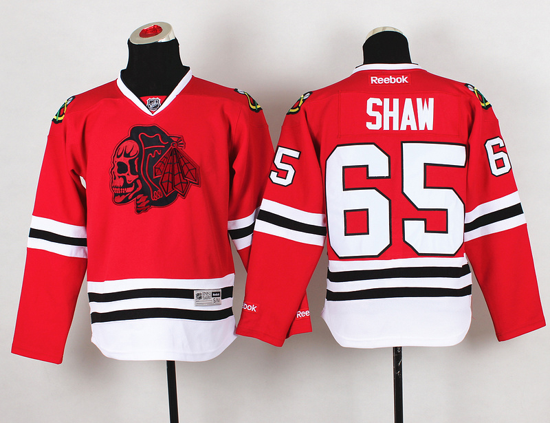 Blackhawks 65 Shaw Red Youth Jersey(With Red Skull)