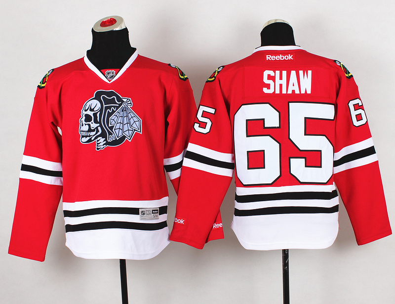 Blackhawks 65 Shaw Red Youth Jersey(With White Skull)